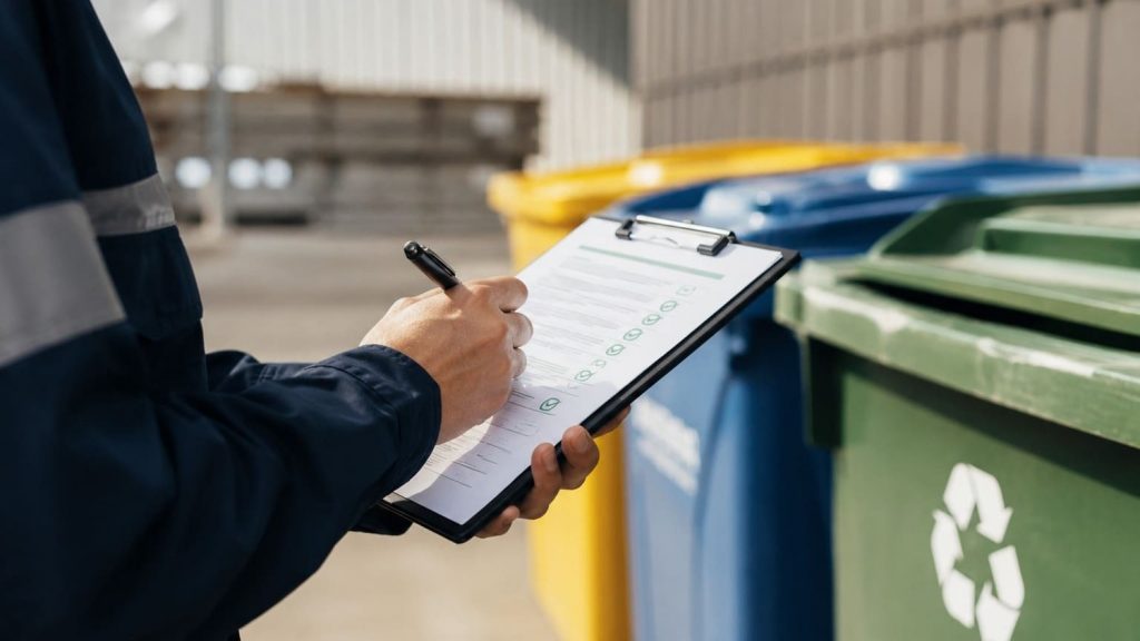 Técnico rellenando checklist en portapapeles junto a contenedores de reciclaje de colores.