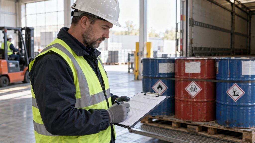 Técnico anotando datos en un documento frente a balas de plástico reciclado.