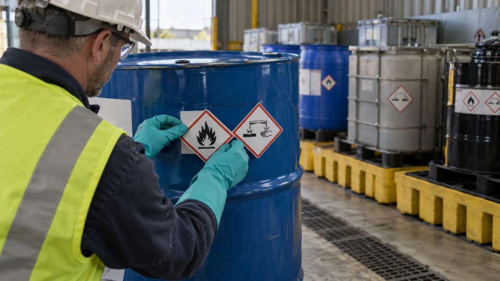 Operario colocando pictogramas de peligro CLP en un bidón industrial.